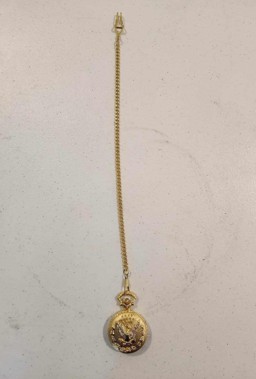 Japan Movt Gold Tone Pocket Watch w/ 14 inch Chain American Eagle Second Hand